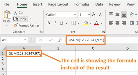 cell showing formula instead of result